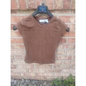 Vintage Y2K Brown Baby Tee V-Neck Fitted Short Sleeve Ribbed Grunge Boho Top S